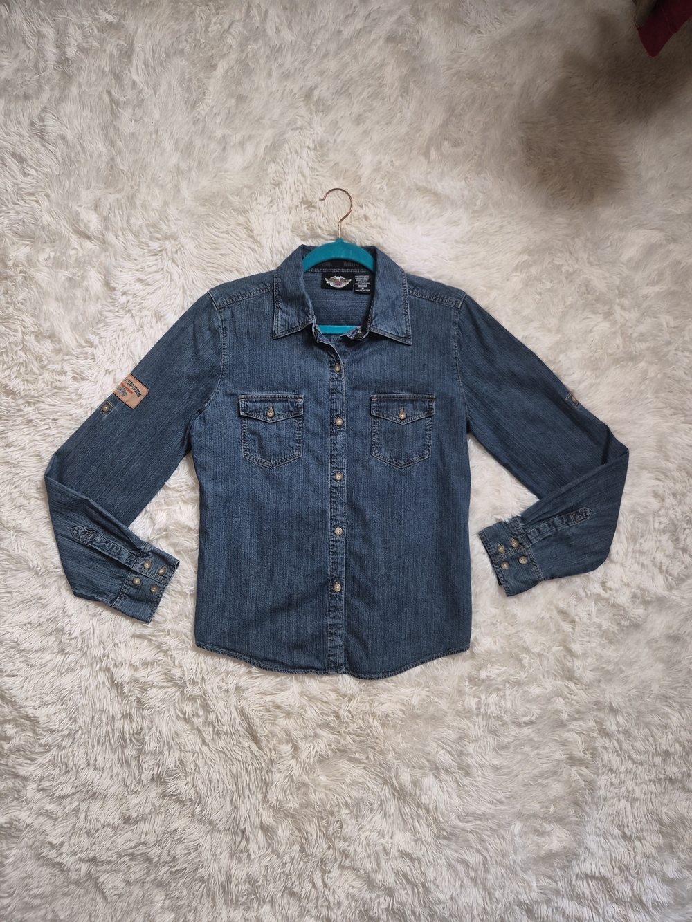 Womens Vintage Harley Davidson Button Up Shirt Denim Blue Jean Cotton Collared